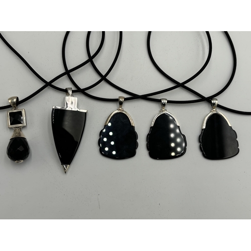 2101F - Five cased .925 silver black onyx pendant necklaces