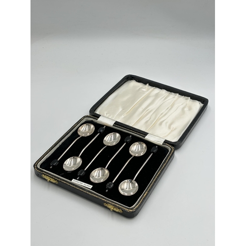 2145 - A cased set of six hallmarked Birmingham silver coffee bean spoons, dated 1963 - approx. gross weigh... 