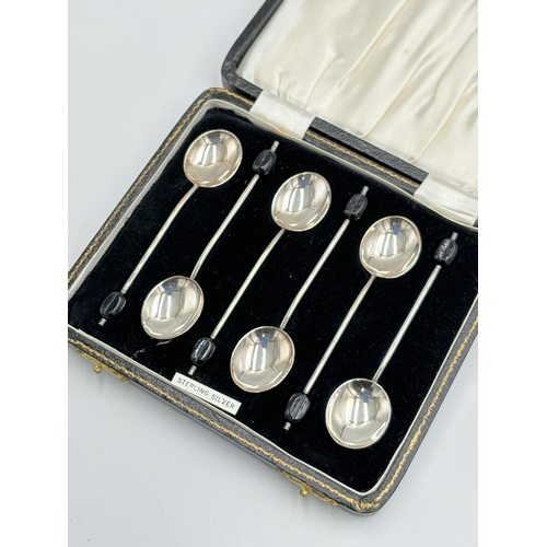 2145 - A cased set of six hallmarked Birmingham silver coffee bean spoons, dated 1963 - approx. gross weigh... 