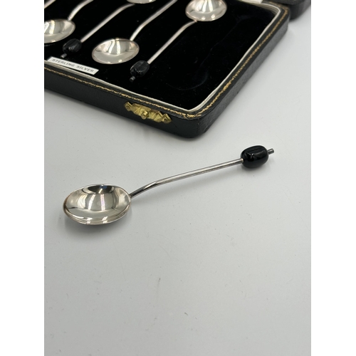 2145 - A cased set of six hallmarked Birmingham silver coffee bean spoons, dated 1963 - approx. gross weigh... 