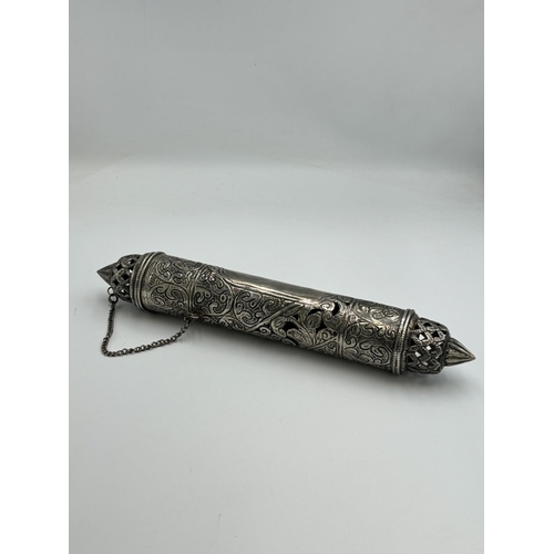 2146 - A Tibetan white metal scroll holder - approx. gross weight 168g and 30cm long