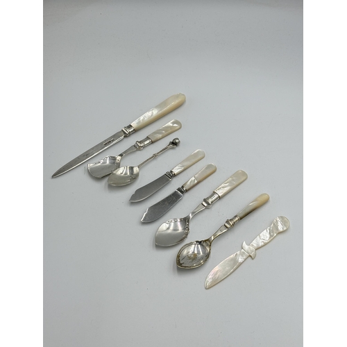 2156 - Eight items to include , Birmingham silver teaspoon, Sheffield silver paper knife with mother of pea... 