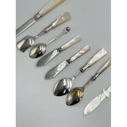 2156 - Eight items to include , Birmingham silver teaspoon, Sheffield silver paper knife with mother of pea... 