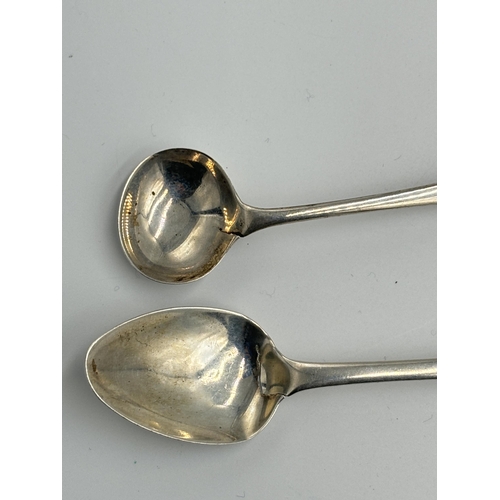 2203D - Five pieces of hallmarked silver, two George III Robert Hennell II condiment spoons - dated 1792, on... 