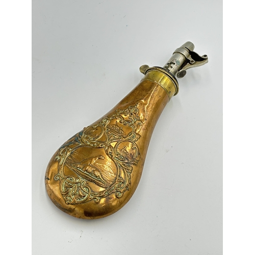 2254 - A 19th century Colt Walker type copper powder flask - approx. 21.5cm long