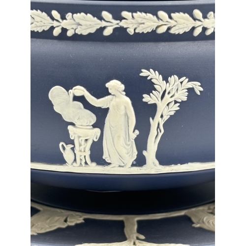 281 - Two pieces of Wedgwood Portland blue Jasperware, one 20cm circular tri-footed bowl and one 24cm circ... 