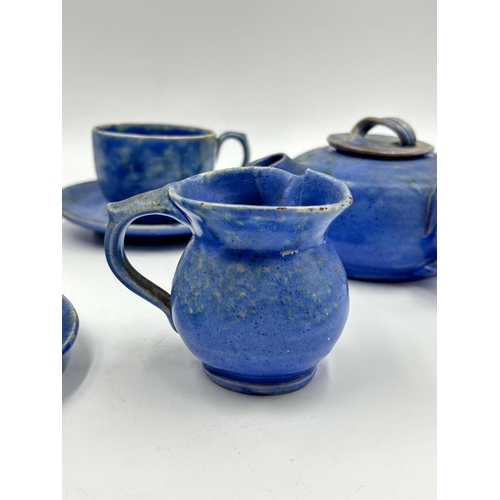 328 - A William Baron of Barnstaple blue glazed ceramic eight piece part tea set