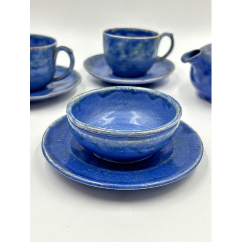 328 - A William Baron of Barnstaple blue glazed ceramic eight piece part tea set