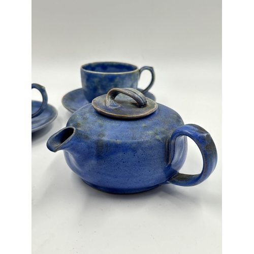 328 - A William Baron of Barnstaple blue glazed ceramic eight piece part tea set