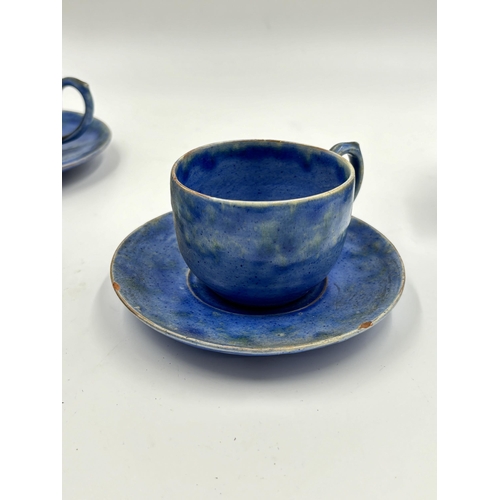 328 - A William Baron of Barnstaple blue glazed ceramic eight piece part tea set