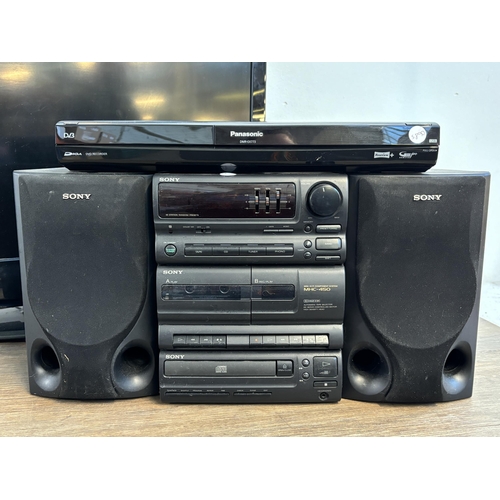 762 - Three items, one Panasonic DMR-EZ773 DVD recorder, one Sony MHC-40 mini hi-fi system with a pair of ... 