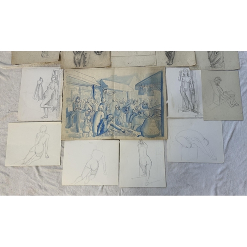 275 - A large collection of Roger Sumner and associates nude pencil sketches