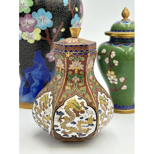 2291 - Three Chinese cloisonné items, one 23cm vase with stand and two jars and covers