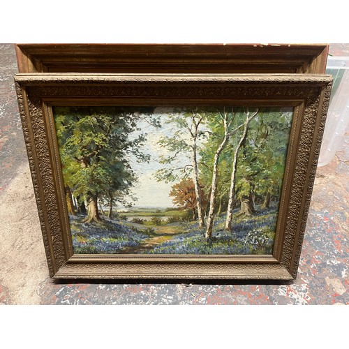 1092A - Seven framed items, one mirror and six pictures to include A.D. Bell oil on canvas etc.