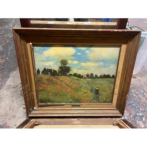 1092A - Seven framed items, one mirror and six pictures to include A.D. Bell oil on canvas etc.