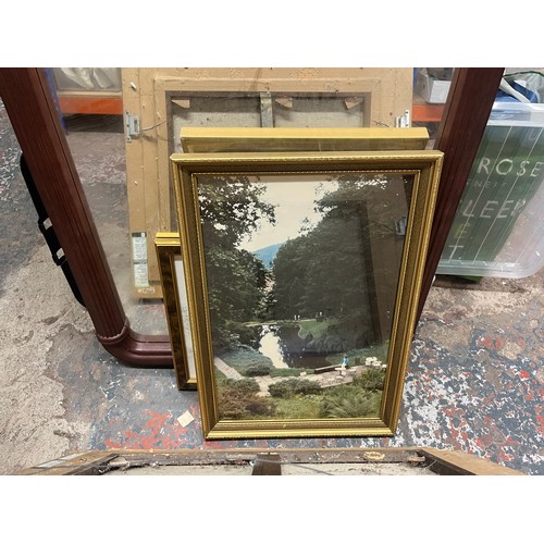 1092A - Seven framed items, one mirror and six pictures to include A.D. Bell oil on canvas etc.