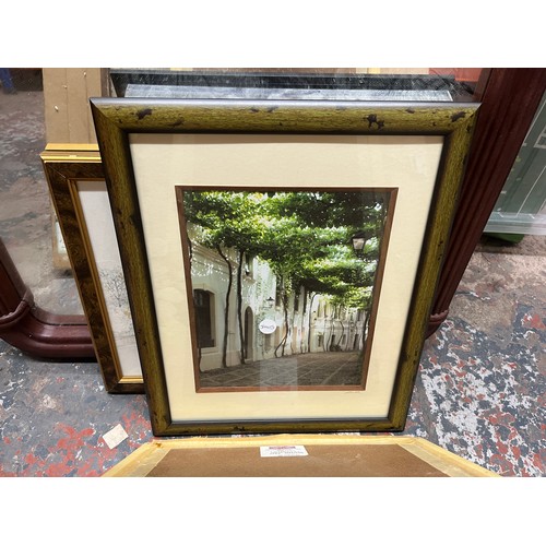 1092A - Seven framed items, one mirror and six pictures to include A.D. Bell oil on canvas etc.