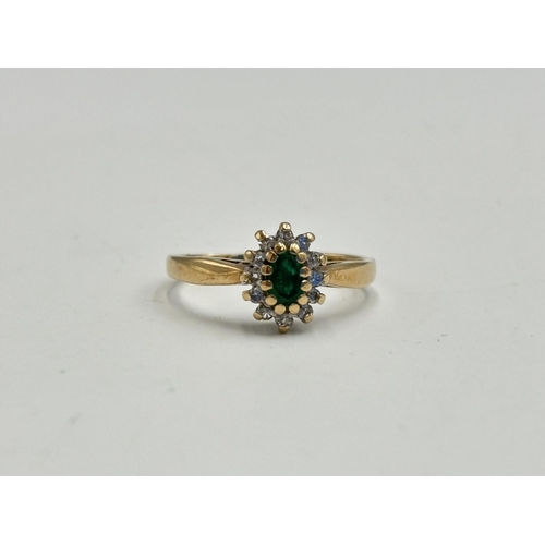 2133D - A hallmarked 9ct gold diamond and emerald ring, size L - approx. gross weight 2.2g