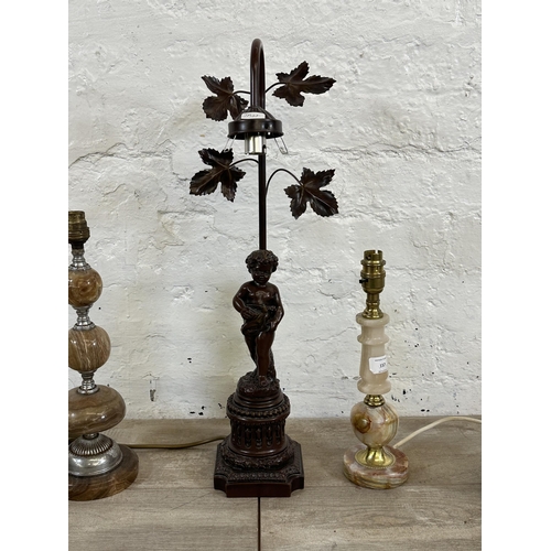 77 - Five pieces of lighting, two contemporary brass effect wall lights, two mid 20th century onyx table ... 