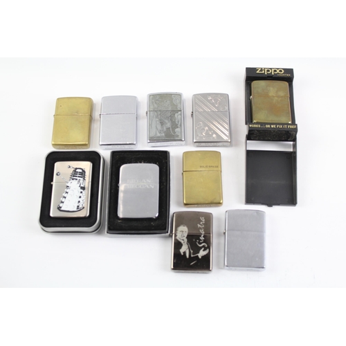 2266 - Ten Zippo cigarette lighters to include Dr Who, Frank Sinatra, brass etc.