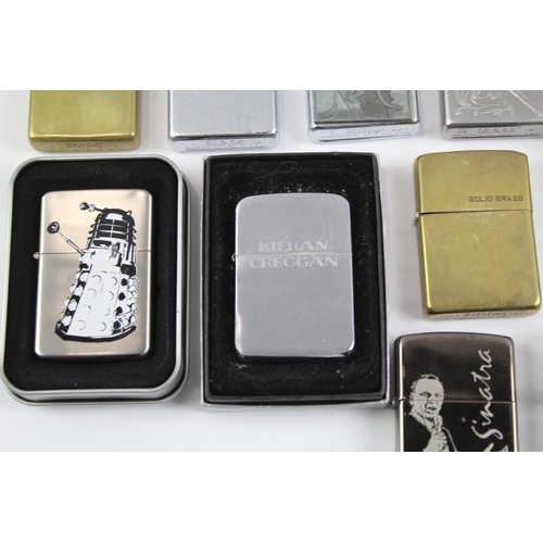 2266 - Ten Zippo cigarette lighters to include Dr Who, Frank Sinatra, brass etc.