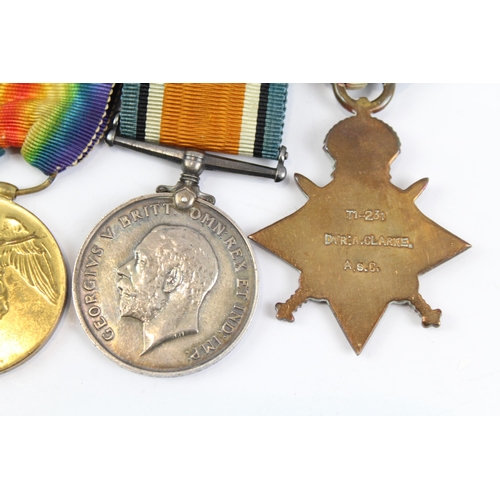 2281 - A mounted WWI 1914-15 Star medal trio, low number presented to T1-231 Dvr. A. Clarke ASC.