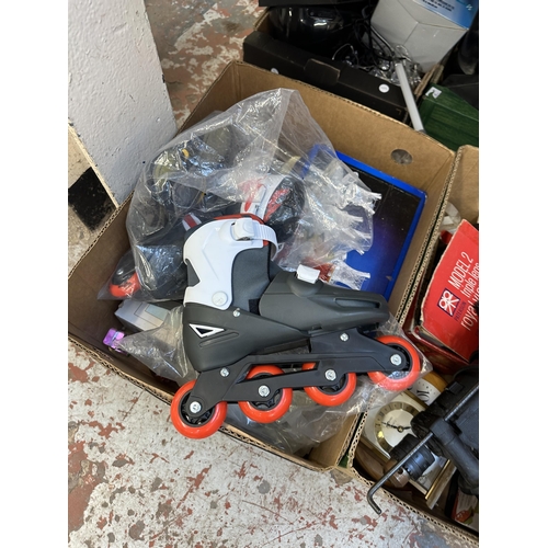 1125 - Three boxes containing ceramic heater, Black & Decker SDS drill, child's roller blades etc.