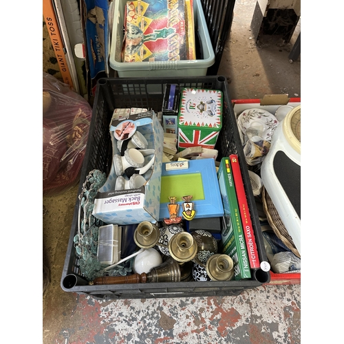 1130 - Two boxes and a bag containing Royal Standard ceramics, vintage Salter scales, ladies handbags etc.