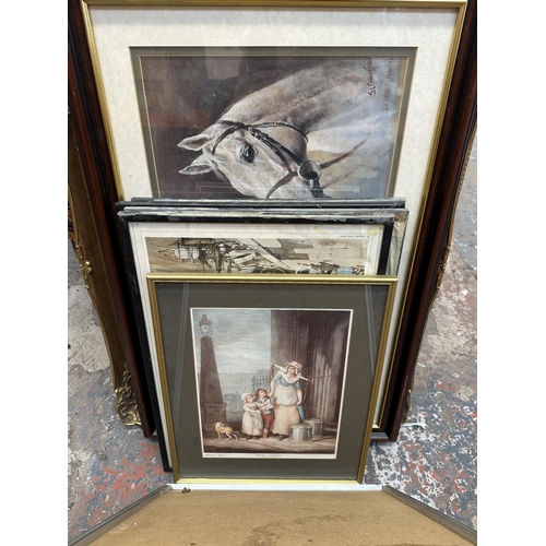 1135 - Nineteen framed pictures and mirrors to include Rolls-Royce Silver Ghost 1911 mirror