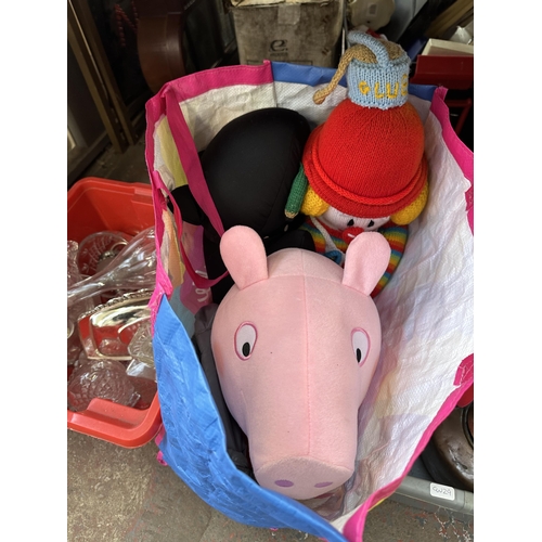 1140 - Two boxes and two bags containing cut glass decanters, vintage copper kettle, Peppa Pig soft toy etc... 