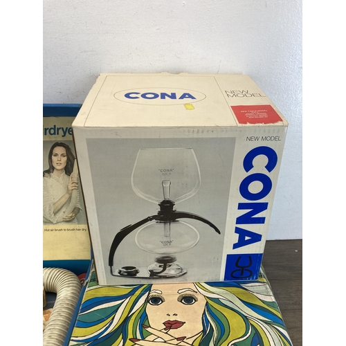 538 - Three mid 20th century boxed items, one Cona New Model coffee maker, Ronson Escort 2000 hair dryer a... 