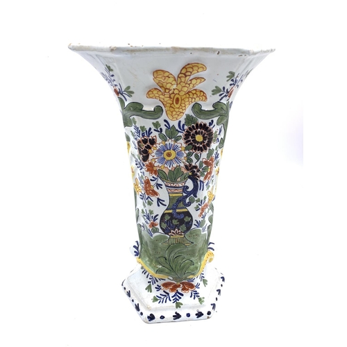 375 - Three antique Delft polychrome floral decorated vases, two approx. 26.5cm high and one approx. 26cm ... 