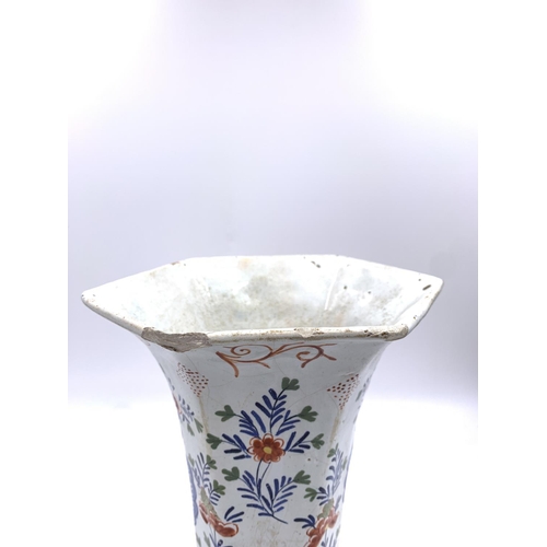 375 - Three antique Delft polychrome floral decorated vases, two approx. 26.5cm high and one approx. 26cm ... 