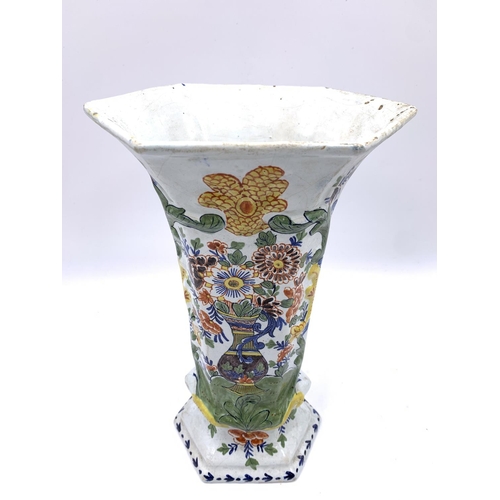 375 - Three antique Delft polychrome floral decorated vases, two approx. 26.5cm high and one approx. 26cm ... 