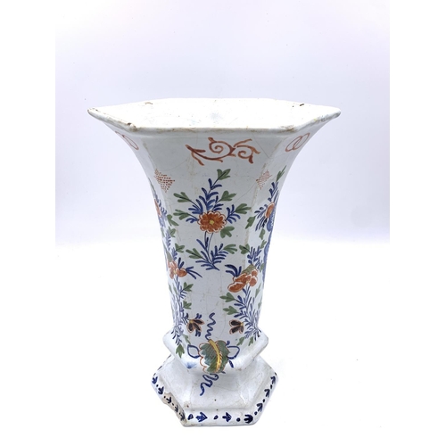 375 - Three antique Delft polychrome floral decorated vases, two approx. 26.5cm high and one approx. 26cm ... 