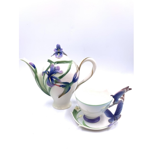 375A - Two pieces of Franz porcelain, one Blue Butterfly FZ00056 cup and saucer and one Hummingbird FZ00132... 