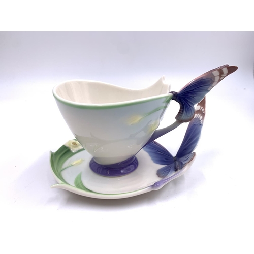 375A - Two pieces of Franz porcelain, one Blue Butterfly FZ00056 cup and saucer and one Hummingbird FZ00132... 