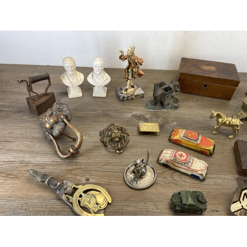 554 - Various collectables to include Victorian brass inkwell and letter rack stand, 19th century cast bra... 