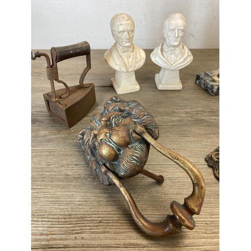 554 - Various collectables to include Victorian brass inkwell and letter rack stand, 19th century cast bra... 