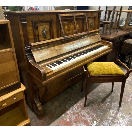 101 - A late 19th/early 20th century Nieber & Co of Berlin inlaid walnut upright piano with stool - approx... 