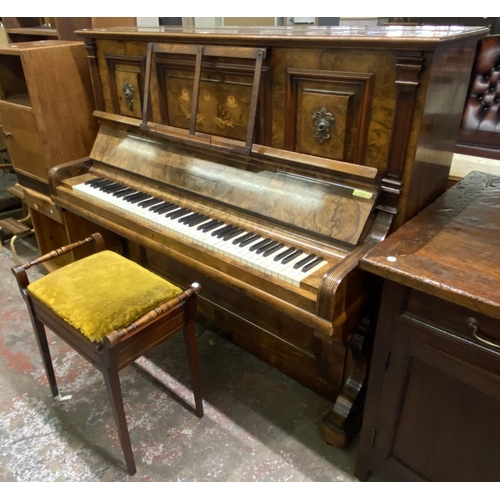 101 - A late 19th/early 20th century Nieber & Co of Berlin inlaid walnut upright piano with stool - approx... 