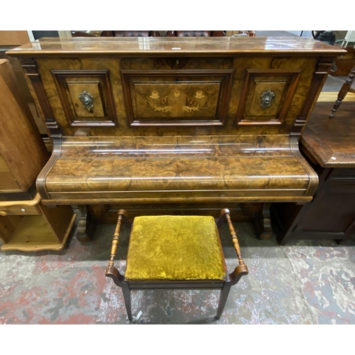 101 - A late 19th/early 20th century Nieber & Co of Berlin inlaid walnut upright piano with stool - approx... 