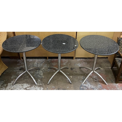 103 - Three granite and chrome plated circular bistro tables - approx. 74cm high x 60cm diameter