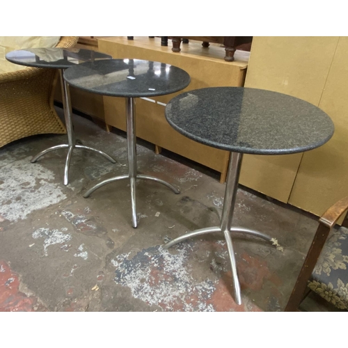 103 - Three granite and chrome plated circular bistro tables - approx. 74cm high x 60cm diameter