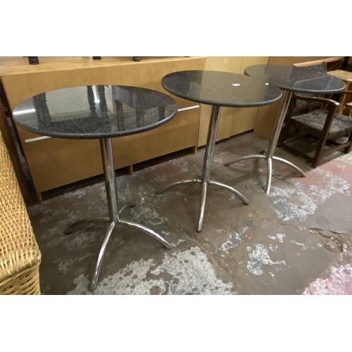 103 - Three granite and chrome plated circular bistro tables - approx. 74cm high x 60cm diameter