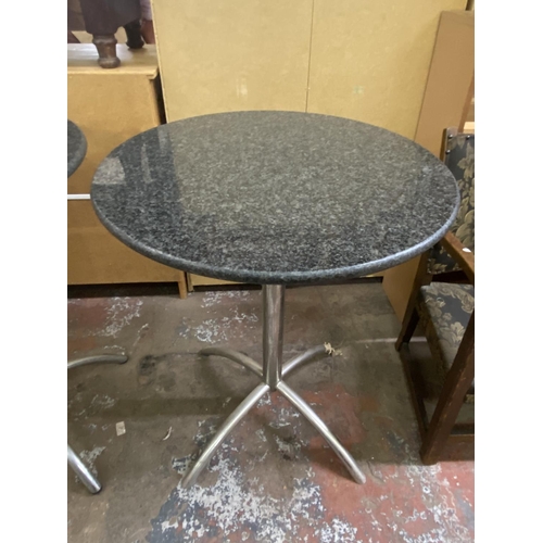 103 - Three granite and chrome plated circular bistro tables - approx. 74cm high x 60cm diameter