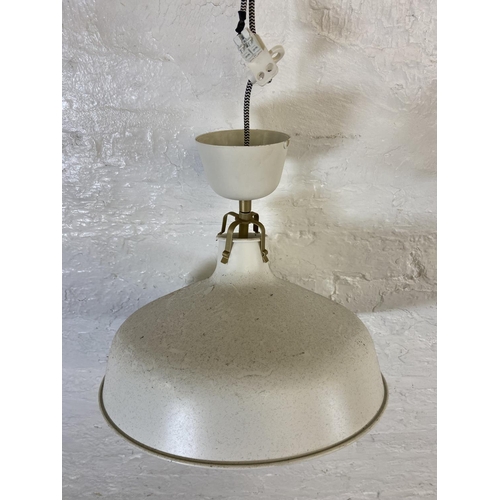 106 - Three IKEA white metal pendant light shades - largest approx. 38cm diameter