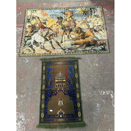 13 - Two woven items, one wall hanging depicting lion hunt - approx. 115cm high x 167cm and one velvet pr... 