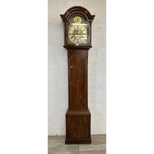 176 - An 18th century inlaid mahogany cased grandfather clock with pendulum, weights and winder - approx. ... 