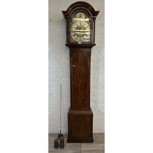 176 - An 18th century inlaid mahogany cased grandfather clock with pendulum, weights and winder - approx. ... 